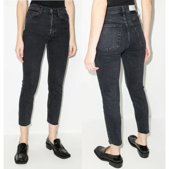 Re/Done 90s High-Rise Button Fly Ankle Frayed Hem Cropped Skinny Jeans Black 25 - Picture 1 of 8
